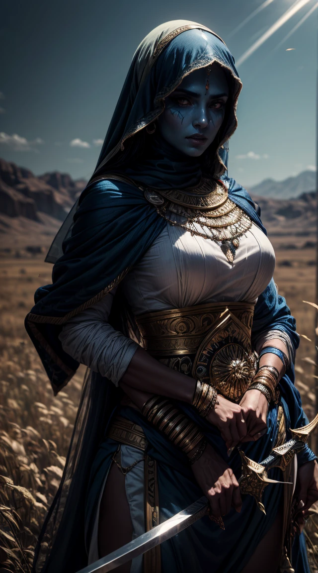 arab woman, blue skin, she has four arms, arabic swords on each hand, indian woman, arabian rogue battle white clothes, arabic swords, field background  (best quality,4k,8k,highres,masterpiece:1.2), HDR,UHD,studio lighting,ultra-fine painting,sharp focus,physically-based rendering,extreme detail description,professional, 