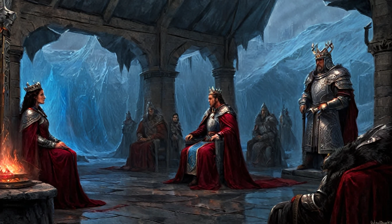 In the dimly lit throne room, draped in the grandeur of Nordic banners and cold iron, Queen Lahpyrcopa and King Ytluaf sit tall on their thrones, their figures exuding strength and royal heritage. The room is alive with the flicker of torchlight, casting shadows on the ancient stone walls, while the crests of their ancestors hang proudly above them. Their armor, a mix of dark steel and fur, speaks of battles fought and victories earned, adorned with intricate designs that tell tales of their noble lineage. The Queen’s gaze is sharp, unyielding, while the King’s eyes carry the weight of leadership, both embodying the raw power of Nordic rulers. Around them, the banners sway gently, painted in deep crimson and icy blue, colors of blood and winter, the heart of their reign. The air is thick with history, a silent whisper of old gods and long-forgotten wars., Surrealism, Conceptual art, Realism, Impressionism, Hyperrealism, UHD, retina, masterpiece, accurate, anatomically correct, textured skin, super detail, best quality, 16k