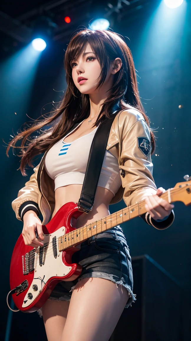 Woman playing guitar live、Brown messy hair、((Huge breasts、Breast Augmentation、Large Breasts))、Composite 6-string electric guitar:1.2、Anatomically correct fingers、Gibson　Paul、Only 1 guitar、Cropped denim skirt、Cropped denim skirt、Cropped denim skirt、Cropped denim skirt、Cropped denim skirt、Small T-shirt、leather jacket、Concert stage

