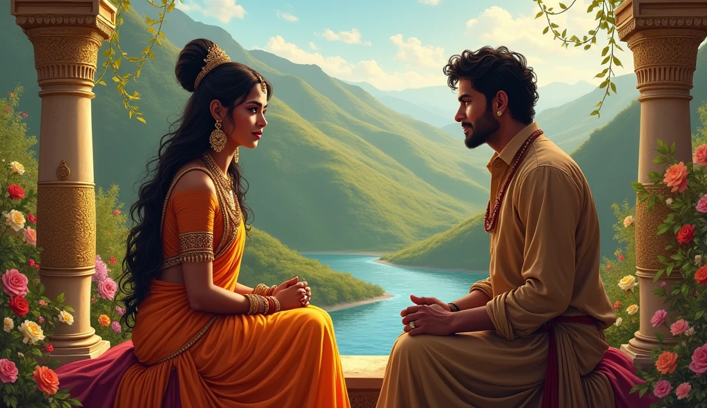 Rama and Sita in the Forest**: Illustrate Rama and Sita living peacefully in the forest, surrounded by lush greenery and serene nature.