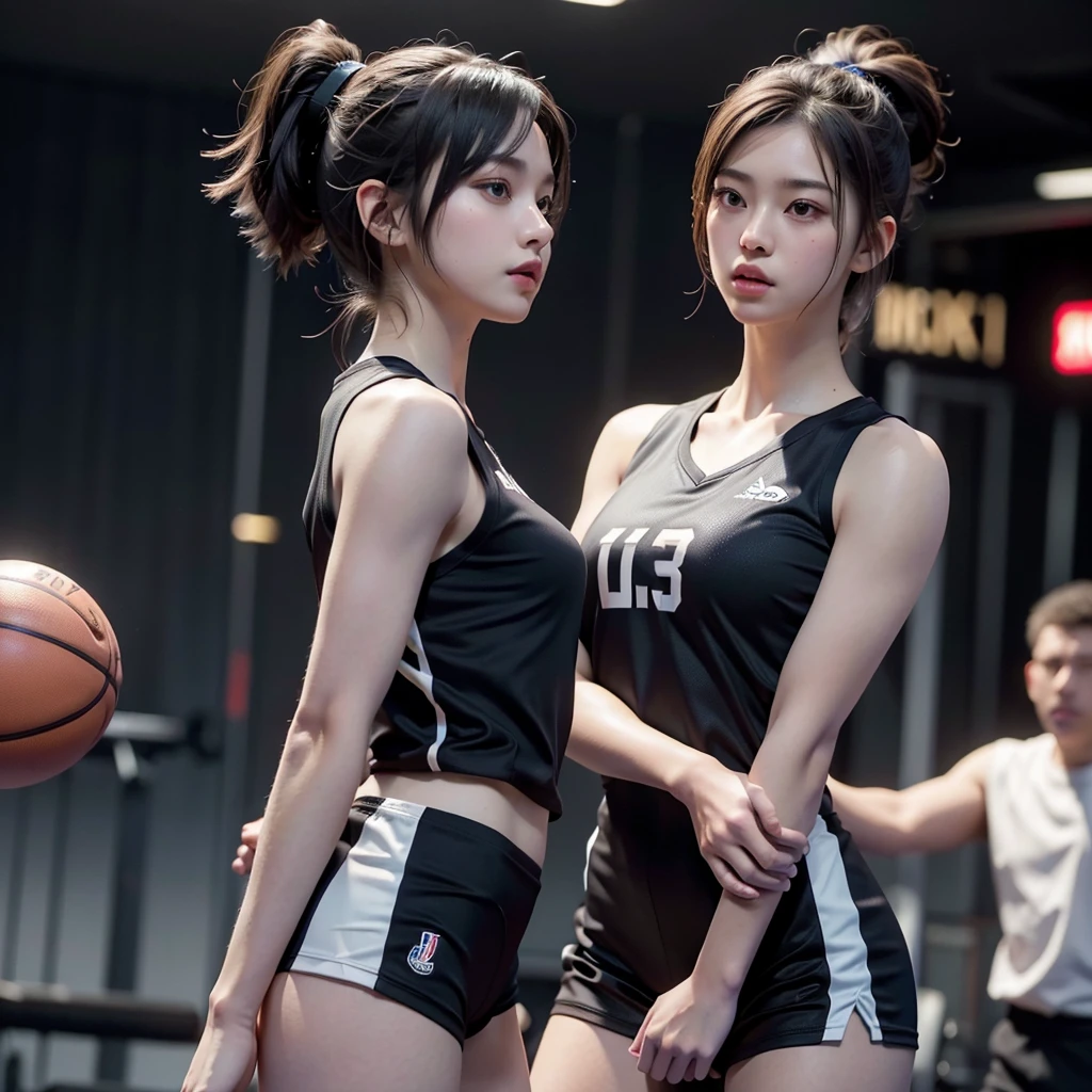 (detailed,photorealistic,4k,best quality,masterpiece:1.2),two girls playing volleyball,sexy japanese girls in black uniform with short hair,beautiful detailed eyes,beautiful detailed lips,extremely detailed eyes and face,long eyelashes,volleyball,dynamic pose,dramatic atmosphere,back shot,