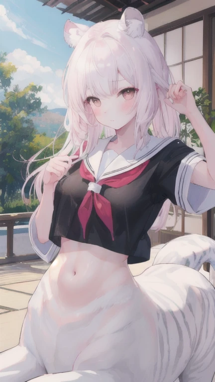 (best quality, masterpiece), 1 girl, centaur, I beg, White skin, Japanese schoolgirl,daughter,black pink,Smiling, exposing the abdomen, belly button t-shirt , Beautiful girl perfect white tiger photo, Perfect wild tiger photo