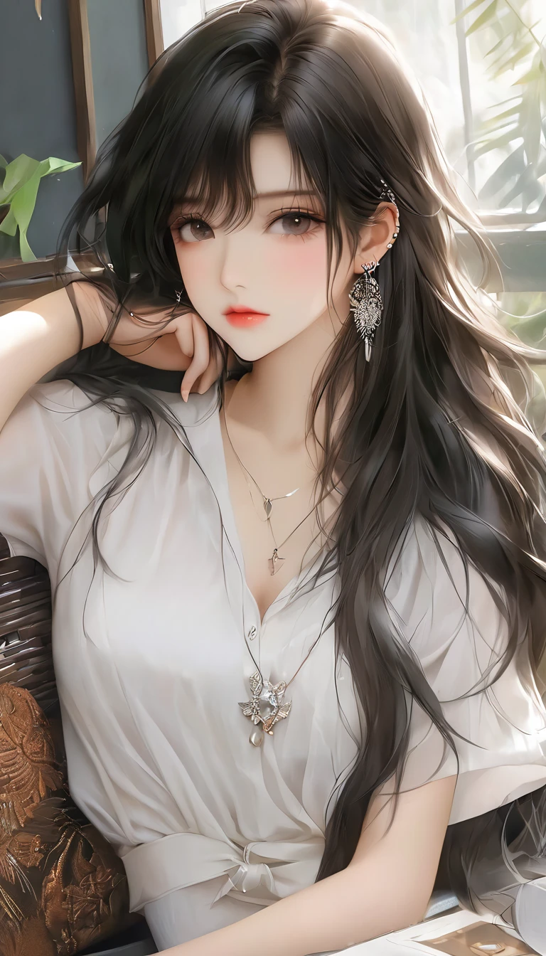 1 girl, , Long Hair, shirt, white shirt, bangs, Upper Body, Earrings,  jewelry,  shut up、Thinking Ahead,((((black   long hair)))),18yo,(true beautiful:1.2), beautiful girl