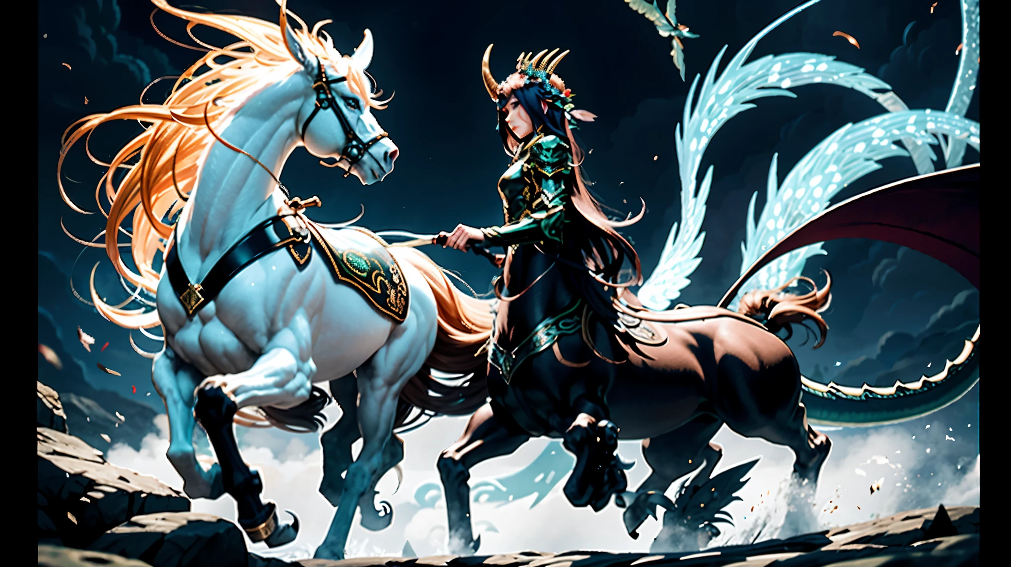 In this beautiful illustration of a grand scene，The ultra-long-range lens shows us a very distinctive and charming（8 female centaurs，Half man, half horse：6）nun，Their personality、Distinctive and vivid features。from（A radiant, angelic, snow-white centaur from heaven：2），arrive（Nightmare-like fiery red centaur surrounded by flames：2）、再arrive（Green Centaur, the wind fairy dancing in the air：2）、再arrive有（One-horned blue centaur surrounded by lightning：2），arrive（A mechanical-style mecha Centaur shining with metallic light：2）、再arrive（A powerful dragon-shaped centaur wearing colorful dragon scale leather：2）、再arrive（A slender elven centaur that is graceful and agile：2）Gracefully wearing a flower crown、arrive（The charming and alluring tiefling centaur：2）、再arrive（A succubus centaur with indescribable sexiness：2）。Each Centaur character fully demonstrates his unique style。（Illustrations use advanced artistic techniques and tools，Using nesting、Weaving、Splicing、perspective、Interlaced composition method：2），Divide the scene into different parts through geometric arrangement，Each part corresponds to a role，from而更有效地利用了空间，Make eight centaurs exist in one picture at the same time，（The style fusion includes elements of Baroque、Ghibli、Aesthetic、Unavailable：2）。Advanced Brush Tool via Midjourney、Color Palette、Texture Packs和模型包、Texture Tools，Exquisite props are designed for each centaur to increase racial characteristics、Clothing and physical features，Enhanced the character&#39;s personality and visual appeal，（The illustrations feature multiple takes on the stunning landscape, including a changing sky.、rainbow、aurora、The stars and the moon are incorporated into iconic landmarks such as Mount Everest, embellished with fireworks、A tranquil lake、海浪和霓虹灯光的自然和城市元素from而营造出魔幻的氛围：2），Centaurs demonstrate their unique abilities and equipment in a variety of environments，Even in extreme alien landscapes。Using Midjourney&#39;s Tools、Texture Packs、Texture Tools、The color palette makes the details vivid and realistic，from复杂的发型和以及不同的种族特质、posture、Appearance characteristics、服装arrive真实的纹理，Greatly improved the realism of the Centaurs and their surroundings，The fusion of multiple art styles adds dynamism to the character&#39;s movement at every angle，Further enriches the overall visual experience。The final illustration was described as a &quot;masterpiece&quot;，With the characteristics of &quot;best quality&quot; and &quot;realistic&quot;，Shows the detail that went into the creative process、Creativity and craftsmanship。 hdr，（Reality，Masterpiece quality，Best quality）