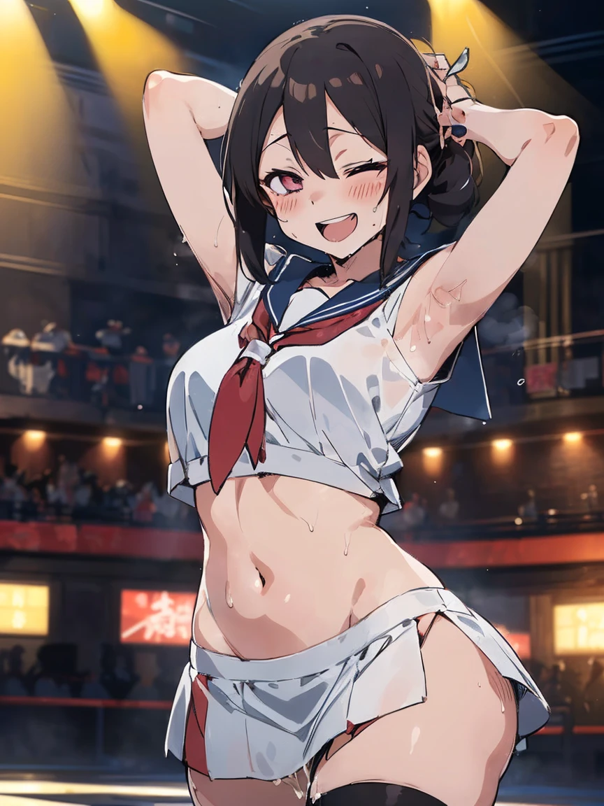 (masutepiece:1.2), (Best Quality:1.2), (high resolution:1.2), (anime style:1.0), 
1girl, standing, (cowboy shot:1.8), (sailor uniform:1.0), (bare navel:1.2), mini skirt, (arms behind head:1.5), (dancing:1.8), (girl shaking her ass violently:1.2),
(mean smile:1.2), (ahegao:1.2), (erotic smile:1.5), (Lewd smile:1.5), (slut:1.2), (open mouth wide:1.2), (Smile with long tongue:1.2), (steam:1.2), (blush:1.2), (ecstasy:1.2), (orgasm:1.2), 
(drunken eyes:1.5), (half closed eye:1.5), (sanpaku:1.5), (slit eyes:1.2), (eyes are smiling:1.3), (smiling or laughing eyes:1.3), Live Stage, (dark:1.5), spotlight, 