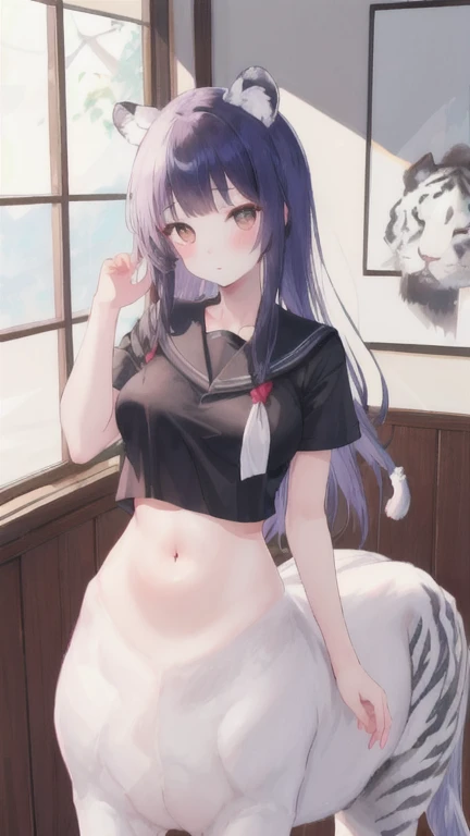(best quality, masterpiece), 1 girl, centaur, I beg, White skin, Korean schoolgirl,daughter,black pink, exposing the abdomen, belly button t-shirt , , beautiful girl perfect, White tiger photo, 완벽한  White tiger photo