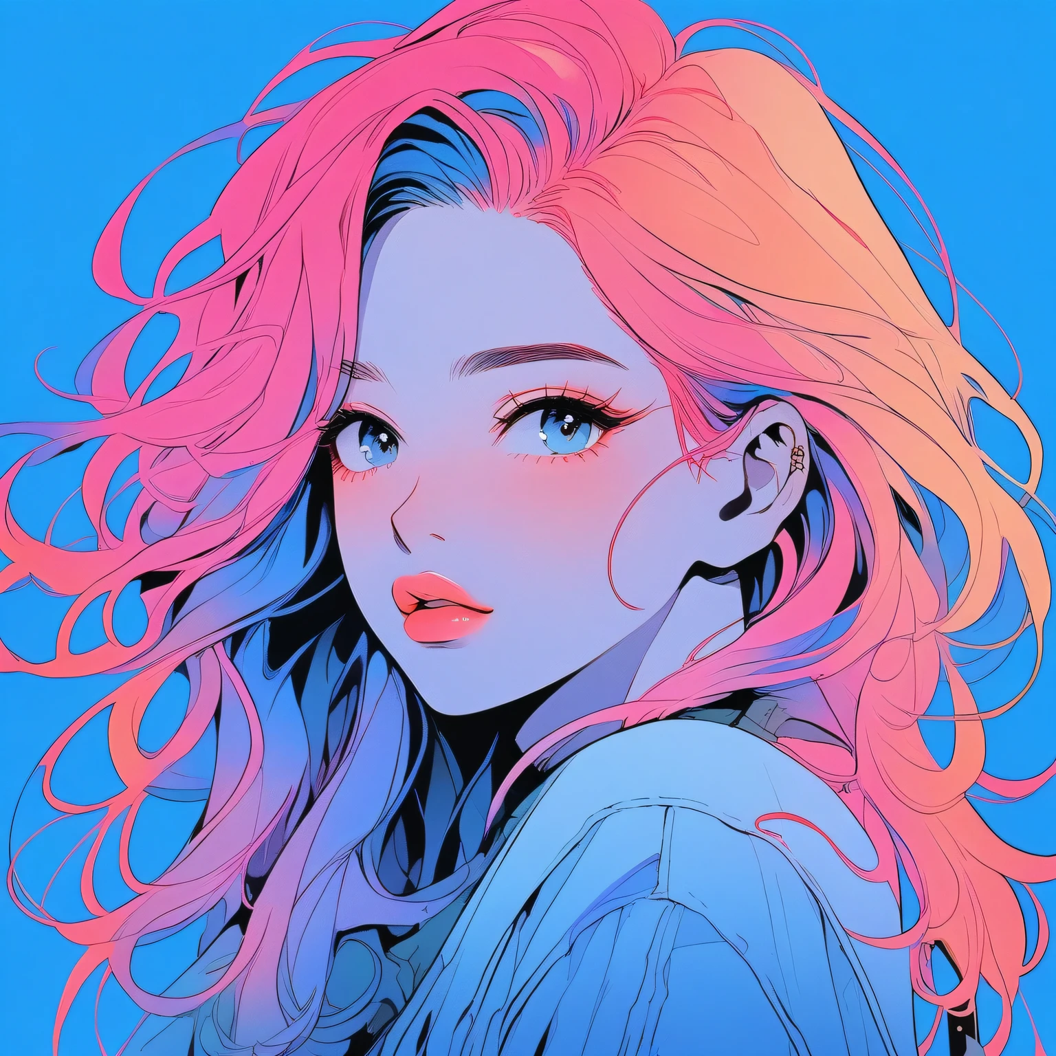 Illustrator, Anime , Realistic ,sketch , 1girl in, ,lip, order, Blue gradient background, Neon Hair,textured crop, Canadian, (masutepiece,Best Quality)