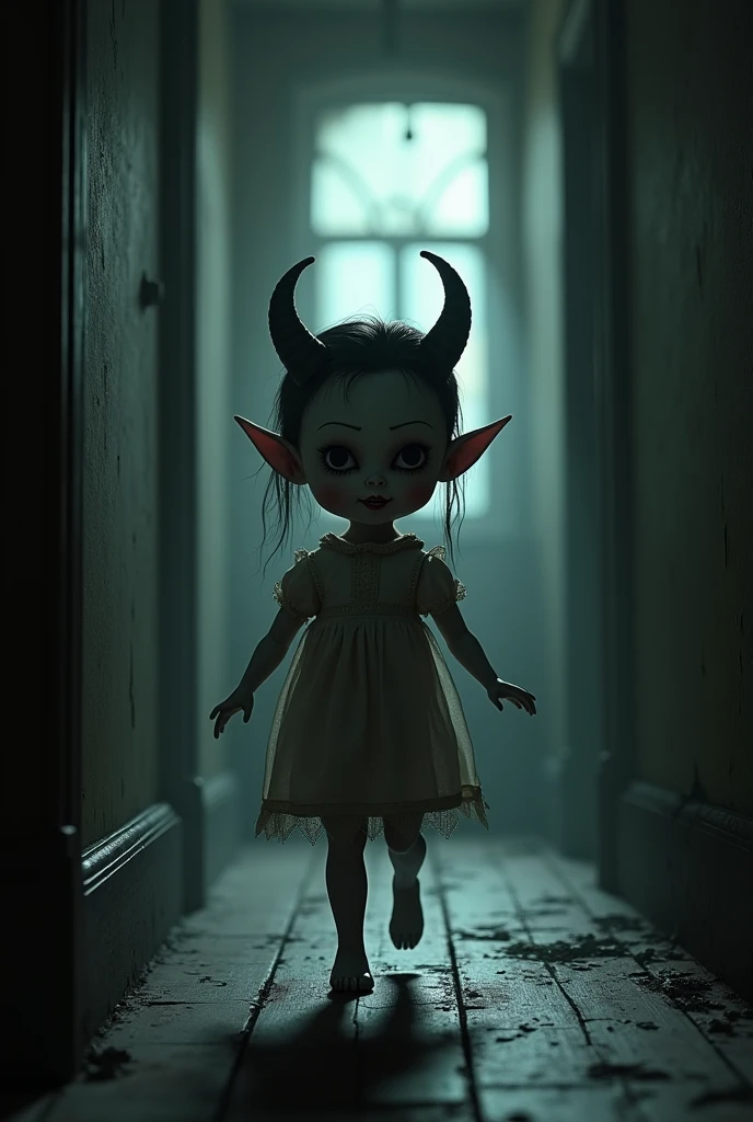 A black-skinned child, with small demon horns, demon tail, instead of feet are goat feet, she is in a grave in the cemetery,she's laughing 