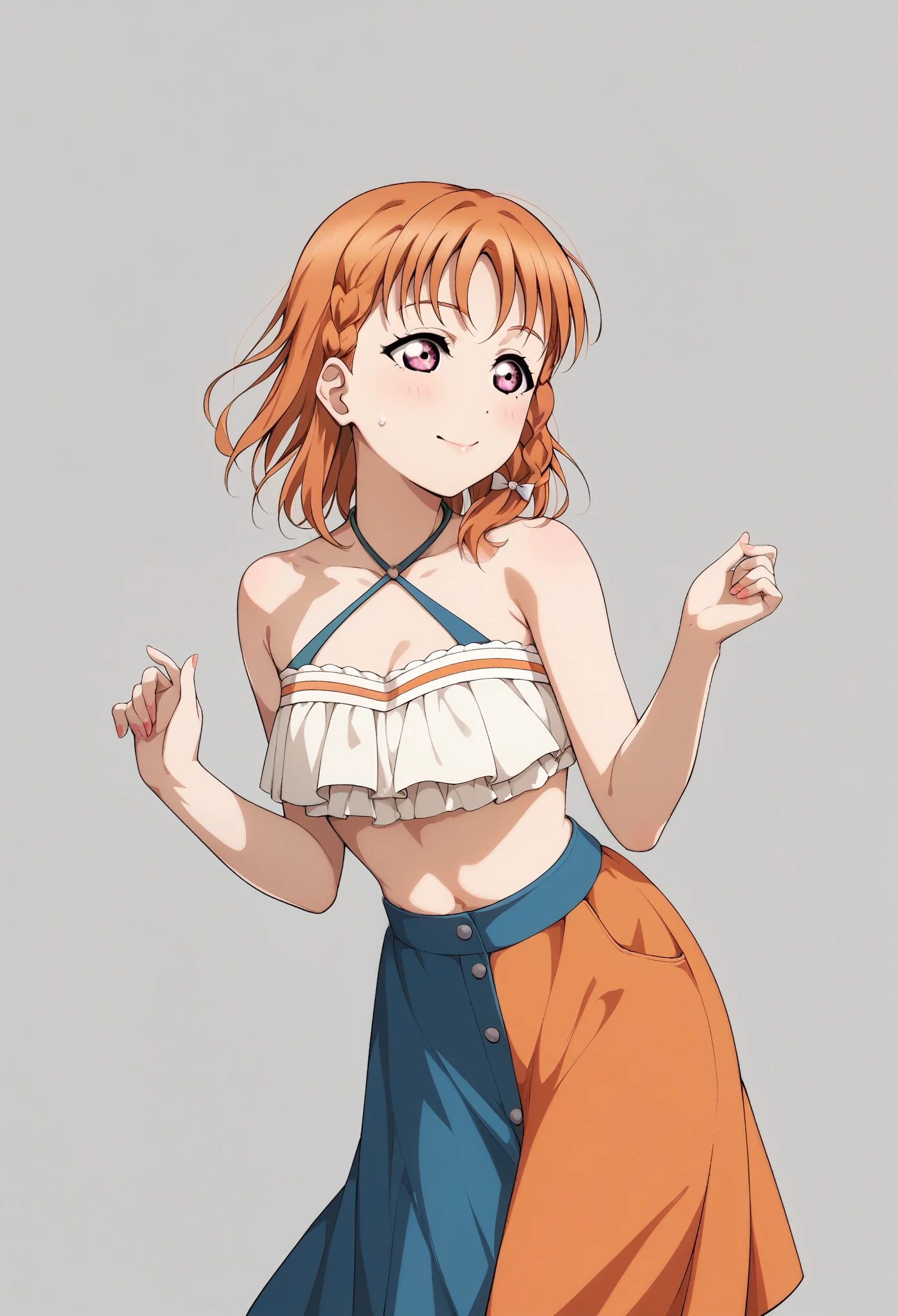 masterpiece, best quality, love live art style, takami chika , orange hair, medium hair, pink eyes, side braid, skirt bikini, halter neck crop top