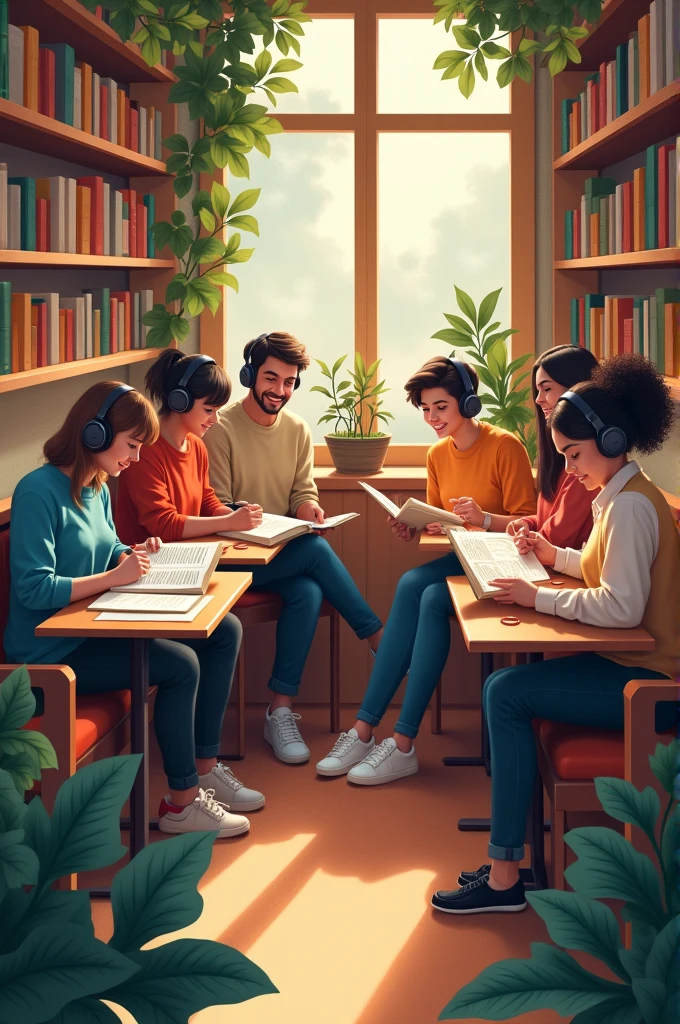 People listening to music and reading animated 