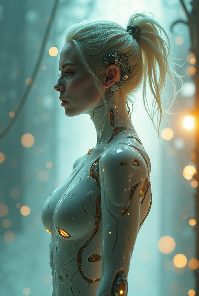 A breathtakingly beautiful, cinematic photograph of a female cyborg ...