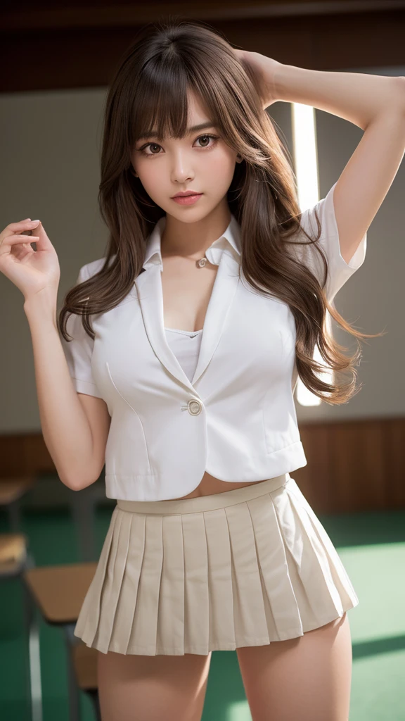 Product quality,1 girl,(Shooting from below:1.4),(Thigh Emphasis:1.4),Young and pretty girl in Japan,Daytime, (High school classroom:1.2),(Short sleeve shirt:1.3),(Schoolgirl uniform:1.3),(blazer:1.3), (Ultra mini pleated skirt in white:1.5),(Skirt Lift,No pants:1.6),Very cute face,Glossy Lips,Beautiful big eyes,Brown eyes,Double eyelids on both eyes,(Natural Makeup),shiny smooth light brown long hair,,,,Asymmetrical bangs,Floating Hair NovaFrog Style,Center image,8k resolution,Attention to detail,Detailed hairstyle,Detailed face,Cinema Lighting,Octane Rendering,Ultra-realistic,Perfect limbs,Beautiful feet,Voluptuous thighs,Huge breasts,Perfect Anatomy,Spread your legs,(Provocative dynamic pose:1.3)