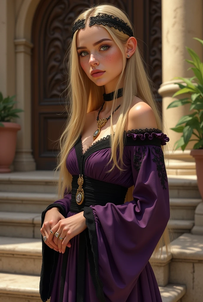 masterpiece, best quality, best quality, Create a beautiful art piece featuring a princess, hyper detailed, ultra realistic, depth of field, (1women), almost white hair, very long hair, (purple eyes), beautiful, danity, modest, detailed green dress with jewls, looking at viewer, medieval, dark fantasy, decoration light through windows, dramatic shadow, phenomenal aesthetic, sumptuous artwork