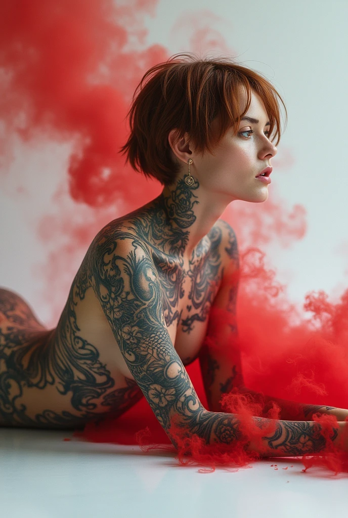surreal painting, a single 3 woman, dark bedroom, lying in bed, full nude, medium breasts, no panties, bulging pubis reddish hair, big ass, multiple tattoos on the body, skull rings, black sheets, parts, violet eyes,
