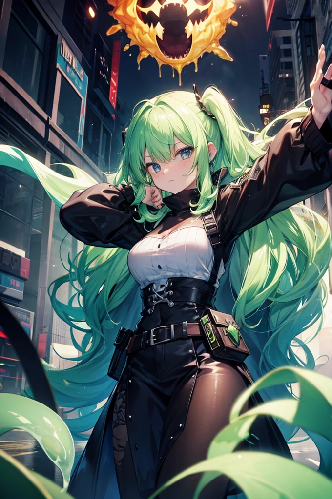 ((masterpiece)), (((best quality))), chromatic lighting,
colorized, green + white limited color palette, 
detailed concept drawing,
Shibuya street fashion, 
portrait, 20yo 1girl, medium soft breasts, slender, jacket, long green hair, black eyes,in a city,