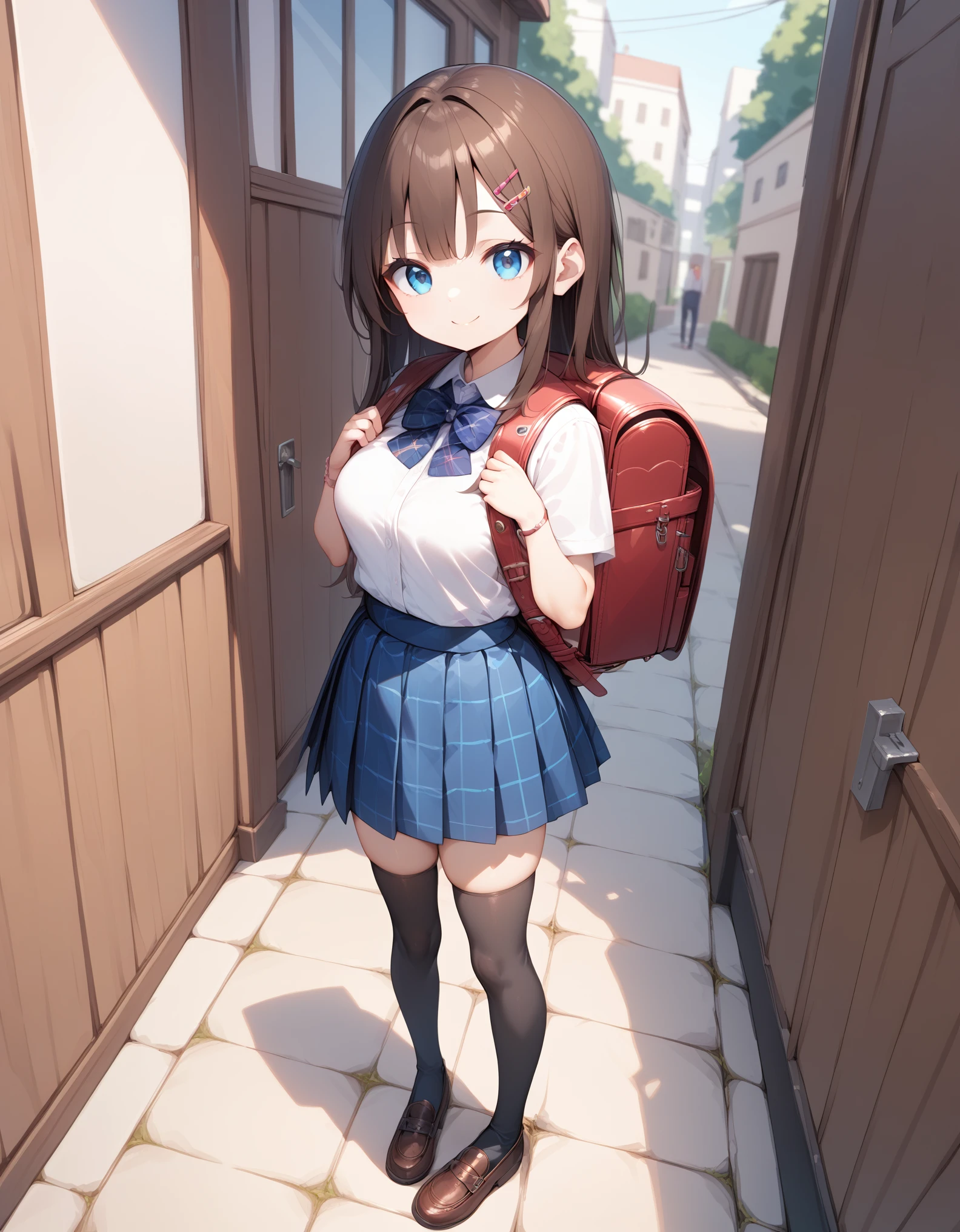 Masterpiece, hd, best quality, 1girl, brown hair, blue eyes, smile, long hair, hair clip, medium breasts, wear school uniform, white collared shirt, short Sleeves, blue bowtie, blue plaid skirt, black thighhighs, Brown shoes, wearing school backpack, brown backpack, square backpack, standing, fullbody, outdoor