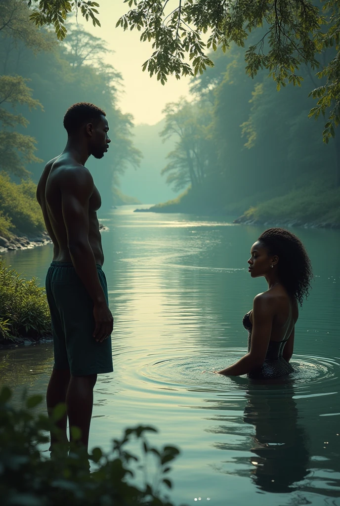 Cinematic photo, film by Tarkovsky, futuristic, science fiction atmosphere, set in vast exterior space , full body shot beautiful, covered in grime, mixed race biracial, female, distressed, vulnerable, with a shirtless black male wrapped in torn rags, couple huddled together in desperation, slim fit perfect bodies, torn wet thin clothing rags, see through material, skin covered in ash and dirt, amidst city destroyed, with water and flooding, industrial exterior space wasteland, vast space, highly detailed in the style of Bill Henson, Exquisitely detailed textures, sharp focus, realism pushed to the extreme, shot on Arri Alexa 35mm prime lens, uhd