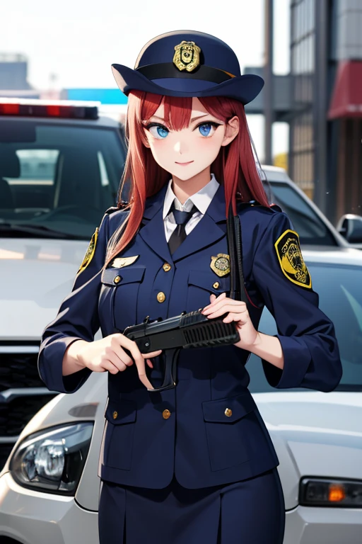 High resolution, masterpiece, Accurate, Best Quality, High resolutionモデル, 超High resolution, Redhead, Long Hair, Ahoge,blue eyes, Large Breasts, Police car in the background、Police uniform、Cowboy Shot