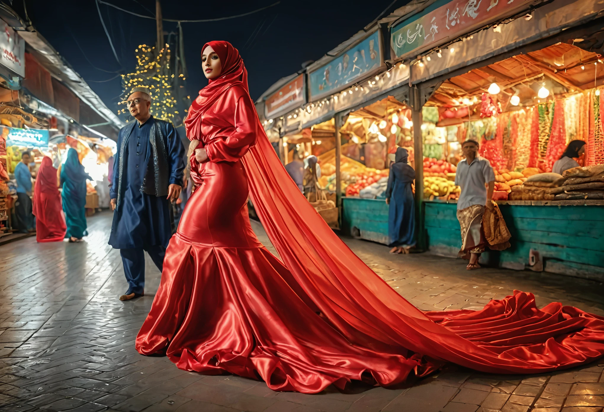 woman shrouded in a 10-meter-long, plush red semi transparent satin shimmer cloth, tightly bound and grandly draping along the form of her body, flowing off into a pooled floor-length train, styled in a mermaid-inspired outfit, her head modestly veiled in a satin hijab,walk in traditional market, a full-body pose conveying a sense of mysterious elegance, captured in a 4k resolution, ultra-realistic, (best quality,4k,8k,highres,masterpiece:1.2),ultra-detailed,(realistic,photorealistic,photo-realistic:1.37),HDR,UHD,studio lighting,ultra-fine painting,sharp focus,physically-based rendering,extreme detail description,professional,vivid colors,bokeh,portraits,fantasy,cinematic lighting