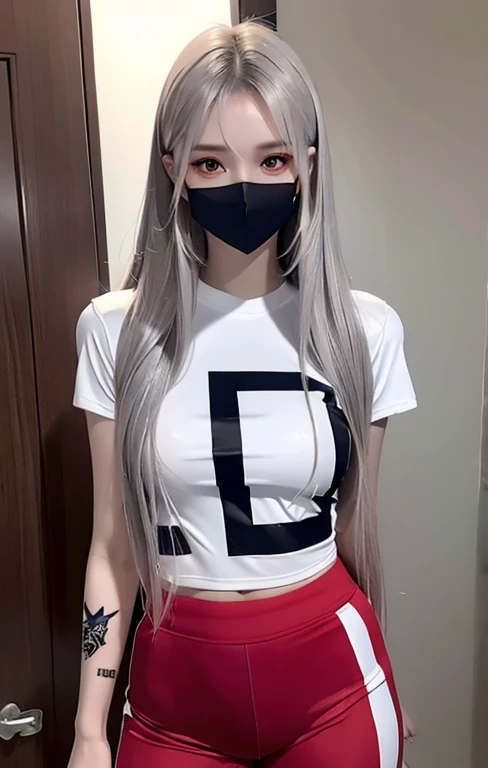 photorealistic, high resolution, 1 girl, white hair, korean, blue eyes, print white sexy shirt, print skimpy tight black shorts, thick thighs, print crop top sexy