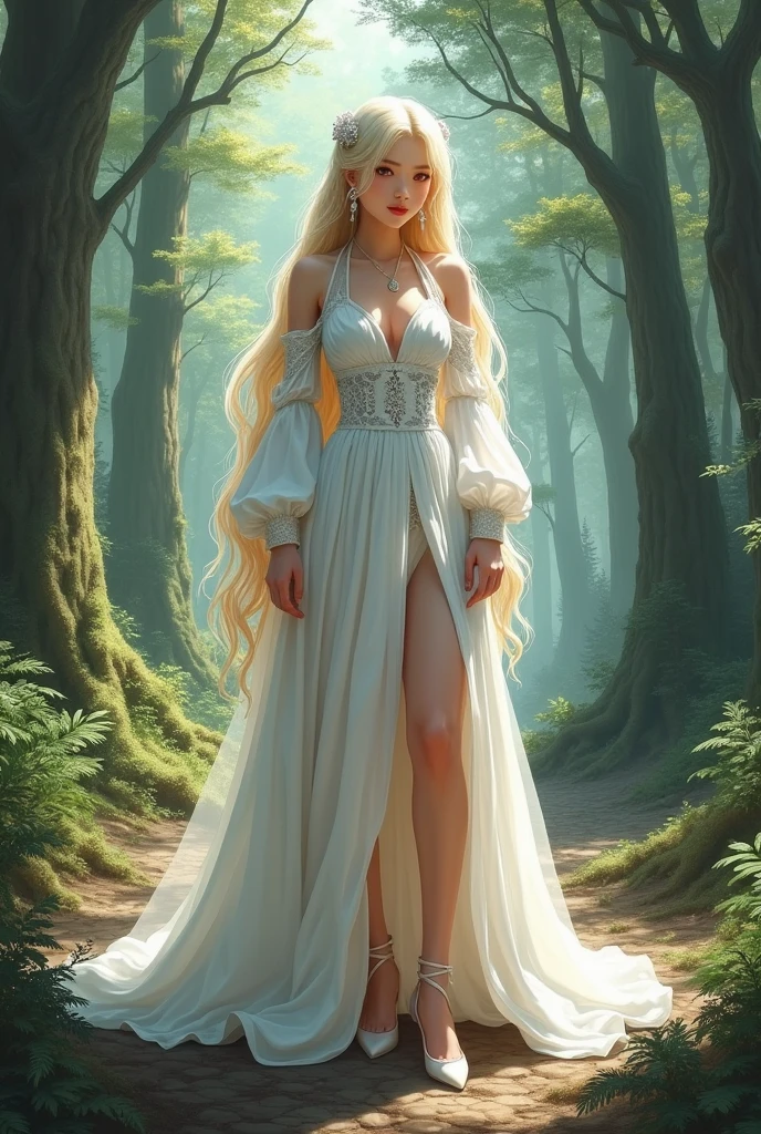 (Attractive elven woman with piercing green eyes, Flowing red curly hair, and a shining smile) (wealthy, Vibrant colors, Detailed Background, Fantasy Setting, With dreamy lighting and bright sunlight) [oil, Fantasy art,figure] (Highest quality, 4K,High resolution,Photorealistic) (Towering Tree々A mysterious forest overgrown with, Bright flowers, and magical creatures)(soft, The fantastic lighting casts mottled shadows) [Mossy stone path, The leaves rustle in the breeze, Sparkling fairy dust] (Elven woman in an elegant green dress decorated with intricate woodland patterns, Sparkling with enchantment) (Delicate flowers woven into her hair, The dew sparkles) (Peaceful Expressions, Graceful posture, Surrounded by an aura of graceful power and wisdom) [An ancient book of spells lay open next to her, Alluding to her mystical abilities] (Sunlight filtering through dense foliage, Create a warm and cozy atmosphere)