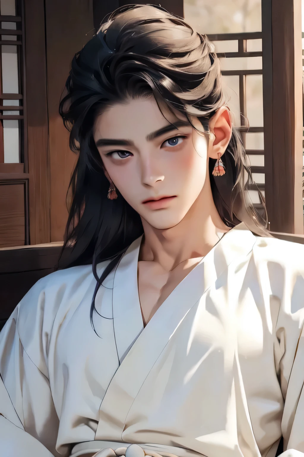 handsome youngman,apsara,ornamental hairpin,concubine,beautiful traditional Korean clothing,sexy,muscular,Gorgeous eyes,datailed face,twink,BAREFACE,one man,natural gaze, full torso,Hanok garden,ultra realistic,ultra-detailed,(beautiful detailed face and eyes and hair:1.1),long hair,little sad,little shy,blush