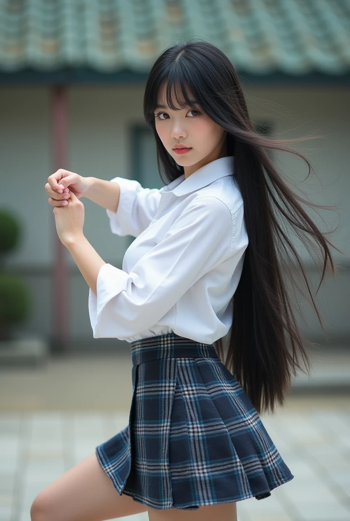 relaxed girl in a school classroom,long purple hair,sailor uniform,serious expression,cold atmosphere,best quality,masterpiece,unparalleled masterpiece,surrealistic 8k,perfect artwork,super detailed,best quality,4k masterpiece wallpaper aesthetics,award-winning art,cinematic lighting