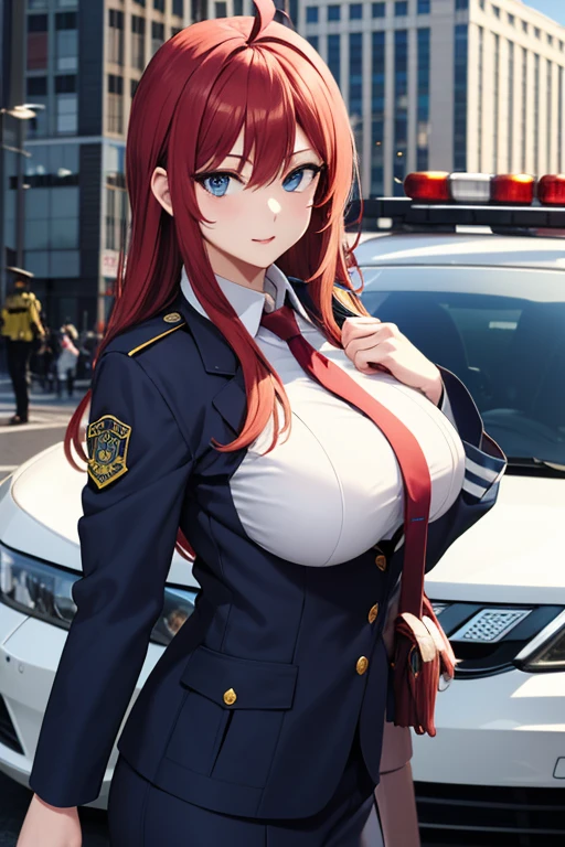 High resolution, masterpiece, Accurate, Best Quality, High resolutionモデル, 超High resolution, Redhead, Long Hair, Ahoge,blue eyes, Large Breasts, Police car in the background、Police uniform、Cowboy Shot