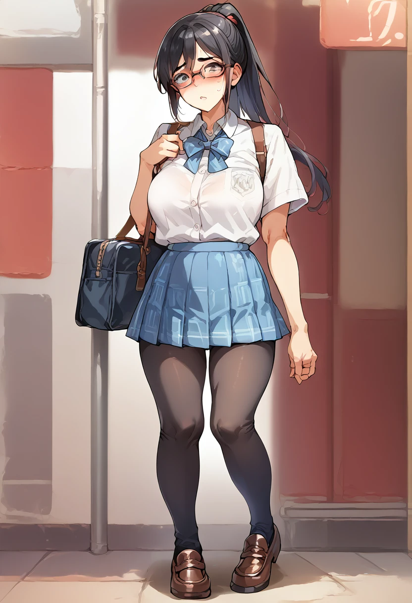 On the train、Full body shot、Long Black Hair、Ponytail、Glasses、Modest breasts、Summer clothes、mini skirt、White short socks and loafers、Being molested、blush