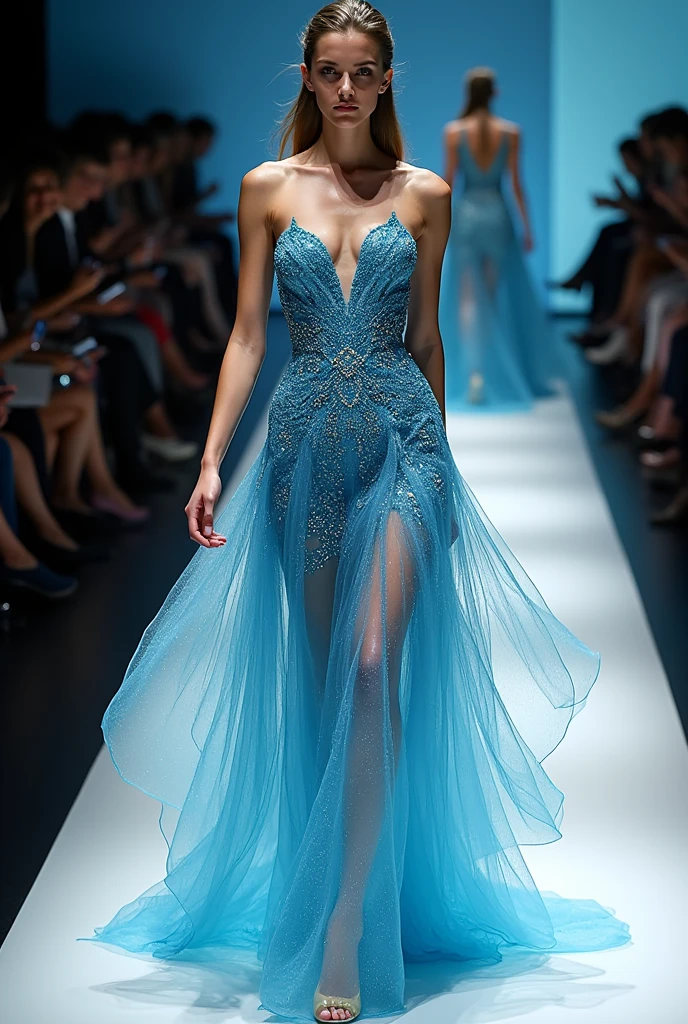 masterpiece, best quality, extremely detailed, hyperrealistic, photorealistic, a beautiful 20s french model, catwalk, walking down a runway at a fashion show scene, the scene of the paris fashion show, ultra detailed face:1.1, spotlight, elegant, light blue long dress:1.2, ultra detailed face, long hair, blonde hair, pale skin, busty breasts, poker face