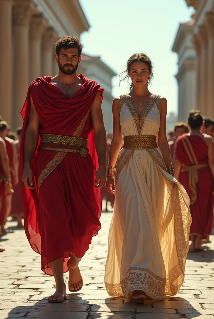 Rome, 77 BC. A young ((((23-year-old)) Gaius Julius Caesar)), standing in the atrium, with his wife Cornelia, thinking about the proposal he just received. ((((casual roman clothings from the 1st century BC)))) ((ancient rome hairstyle))