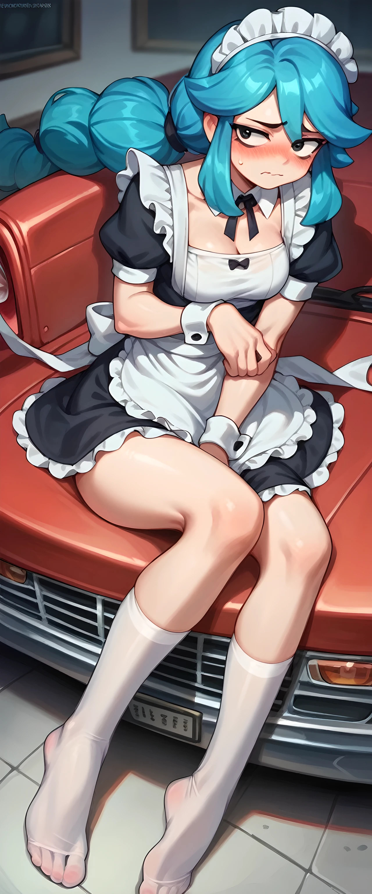 A girl with short, fluffy black hair stuffing her cheeks、Cute frilly red lolita outfit、Cute white underwear with skirt lift ribbon、barefoot、In a taxi