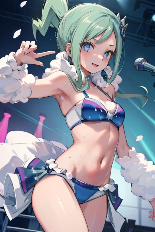 ((nsfw)), (masterpiece, Highest quality, 8K ultra-high resolution:1.4), Pokemon lisia, ****, (concert, stage, Main Character, Spotlight, Backlight, appeal, heart, With the microphone: 1.4), (((Blue Bikini, Micro Bikini Bra, Frills, White fluffy, Spread your legs))), (Top view), ((Close-up of face)), Underboob, Written boundary depth, Focus of the film, Emotional composition, Emotional engine full throttle BREAK Young and cute girl, Slender body, small Chest,nipPle,  ((The best smile)),  Open your mouth, Highly detailed glossy skin,Sweat,  topless, Exposed breasts, Wet and shiny thighs, Perfect Pokemon lisia top break
, Wind, detailed in the Wind, petals dancing in the Wind
BREAK
ultra detailed crystal eyes, Eyes like shining jewels