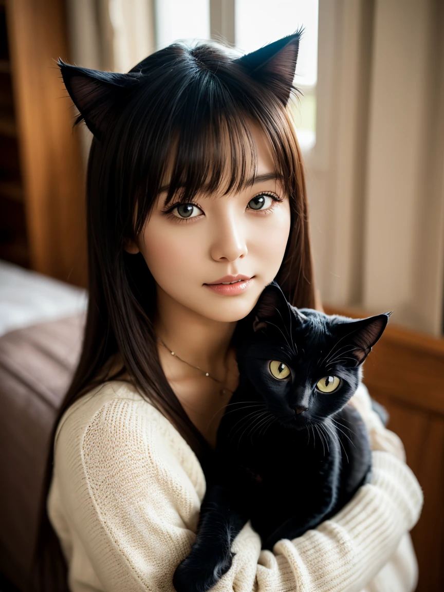 RAW photo, 8K, realistic, (1girl, cat), (laugh:1.2)