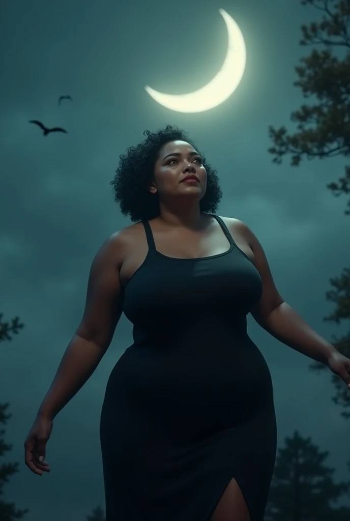 Dark-skinned Moorish woman, age 45, sensuous, Bullish, corpanzil, big bust, rosto sensuous, red mouth, dark brown wavy hair down to the butt, large and gluteal, long red dress, at an empty crossroads, full moon at night