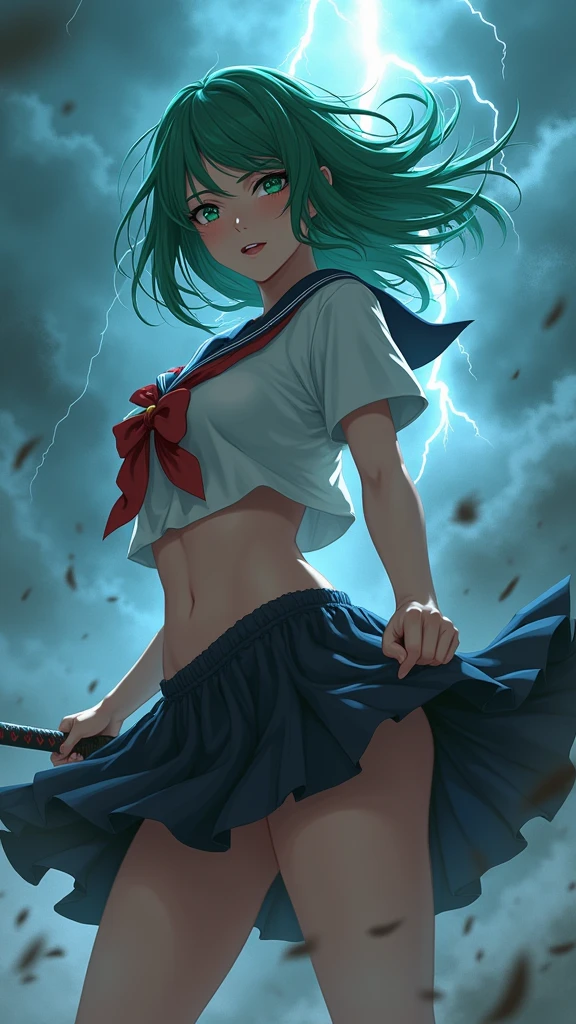 anime, adult woman, (((japanese schoolgirl uniform))), ((underboob)), (((skirt lifted by a draft revealing transparent pantie with cameltoe))), big breasts, swirl of air all around her, sword in one hand, storm decor, fighting pose, green hair, camera angle low angle view from below, Correct anatomy, 5 fingered hands