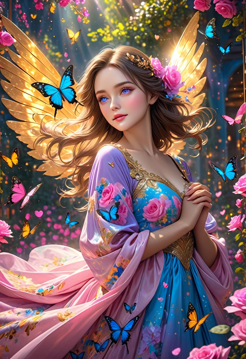 Always with angels, security, security, happiness, radiance, light, fantastic, flowers, rainbow, glitter, smile, feathers, heaven, heaven, medieval --auto --s2