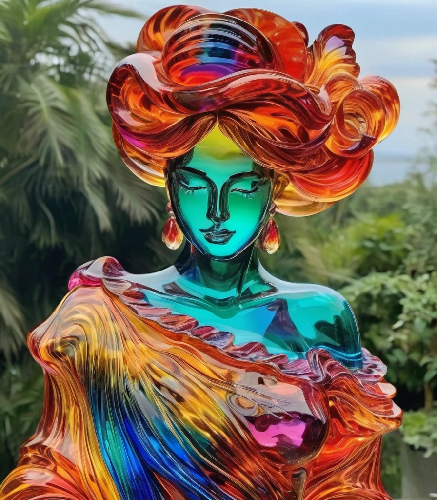 A detailed and vibrant portrait of glasssculpture, alisabcnv  in a fantastical landscape with vibrant colors and intricate details, rendered in an art style that mixes realism with elements of surrealism, done by artists such as Ruan Jia and Yoshitaka Amano. <lora:sdxl_glass:1> <lora:sdxl_alisabcnv:0.8>