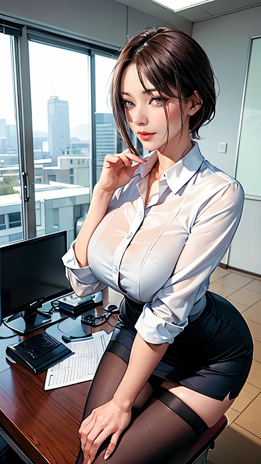 YELAN, 1girl, solo, ((white shirt)), black thighhighs, breasts, cleavage, uniform, office background, black skirt, pleated skirt, office, hair between eyes, large breasts, short hair, looking at viewer, BLUE HAIR, blue short nails, blue eyes, solo, thighhighs, thighs, very long hair, ((masterpiece)), sitting, chair, desk, computer on desk, name tag, id tag, indoor, blush, sexy pose,