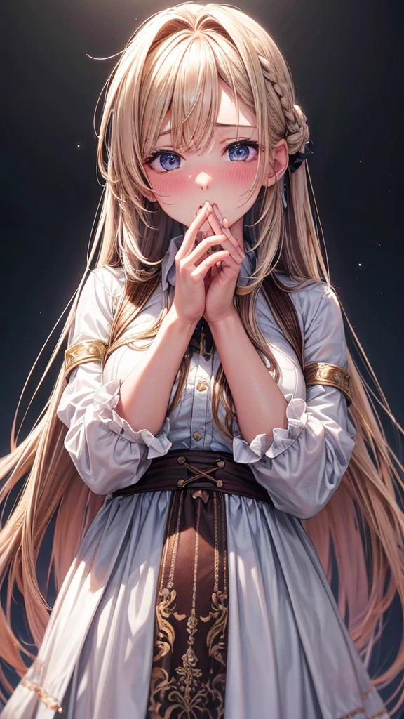 One girl,masterpiece,Highest quality,Blonde,stockings,Checked skirt),Short skirt JK,,Are standing,In total length,Medium chest,Very detailed,[[Realistic]],Beautiful and attractive anime teen,Enchanting anime girl,Swinging skirt,blue eyes, hair ornaments, Hair Ribbon,Show your forehead、Twin tails、Random color school girl uniform、Lace choker, short hair,,No bra,,Very detailed肌, Very detailed顔, (Beautiful Fine Eyes, the girl, Red cheeks) ,The girl has a toned figure., Intricate details,Closely、Embarrassed expression、blush、Shining Sweat、Perfect Skin,Sweat is noticeable in the cleavage、、Sweating on thighs is noticeable、 Fair skin,Tight waist, Sweating profusely、Sweaty hair、Sweaty clothes、Sweaty、Visible sweat、Sweat-soaked hair、Athlete System、Cherry blossoms fluttering down、Silver Hair、Night cityscape。Reflection of light、moonlight