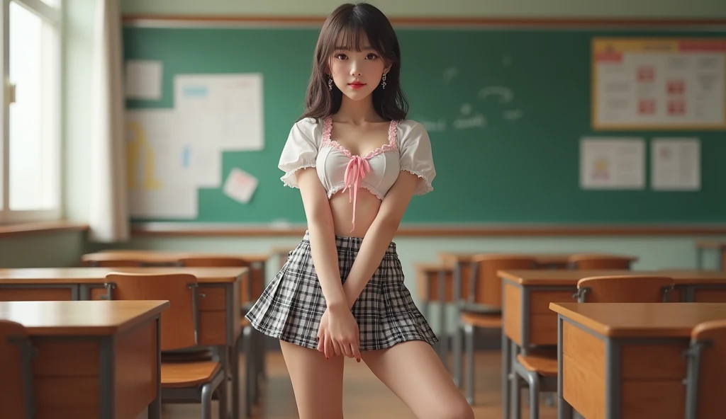 ((Highest quality)), ((masterpiece)), (detailed), (classroom), One girl, ((nipple)),sexy, 18 years old、Japanese、((flat chest:1.4)、可愛いJapanese、A bow tie、((nipple))、frilled panties、Perfect Face、(( pretty eyes)) 、Idol-like face、living、micro mini skirt)),((skirt lift)),((glistening eyes )),((large eyes))、Japanese、Brown eyes