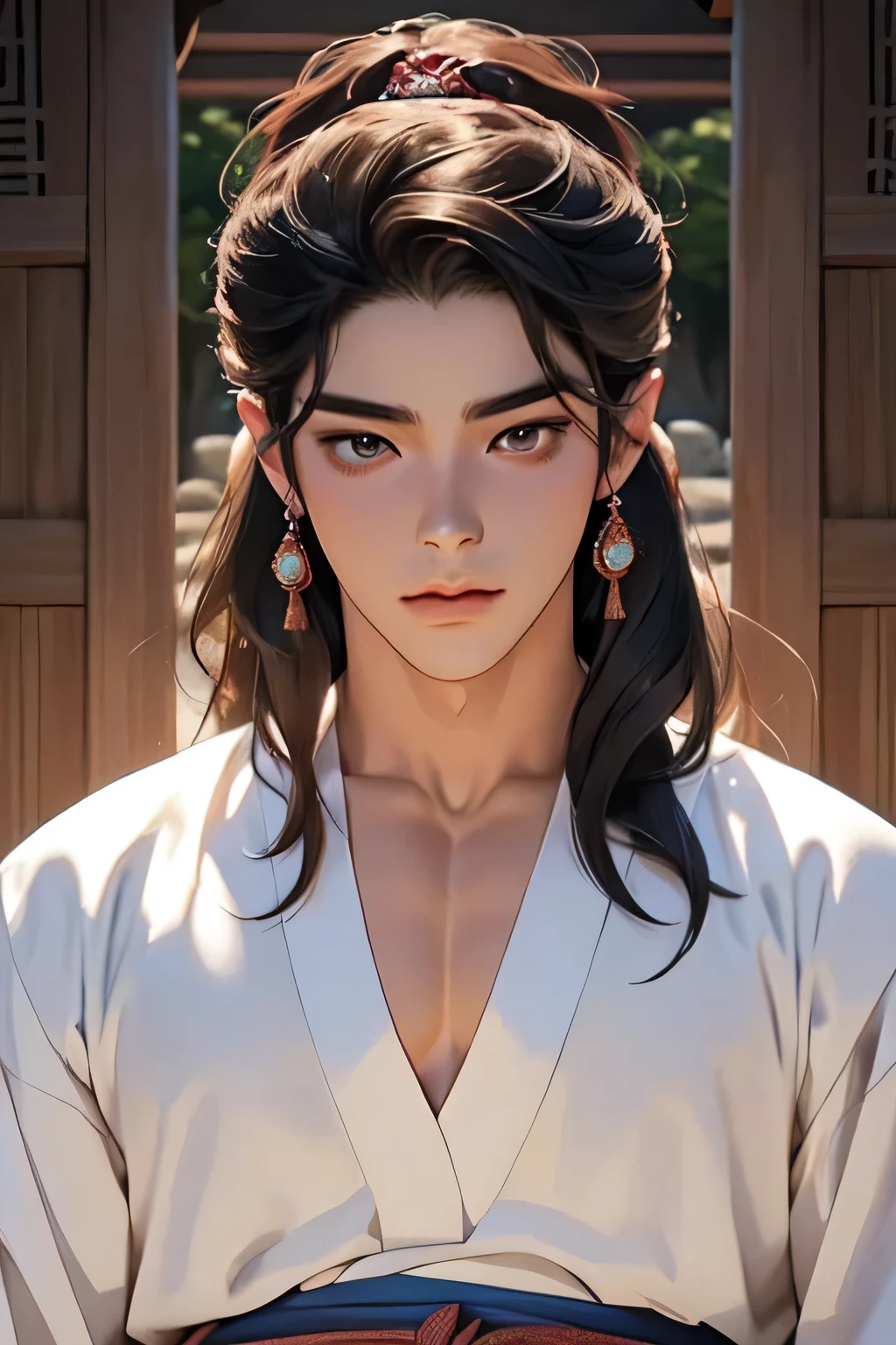 handsome youngman,apsara accessories, concubine,Hwarang warrior in traditional Korean clothing,sexy,muscular,Gorgeous eyes,datailed face,twink,BAREFACE,one man,natural gaze, full torso,Hanok garden,ultra realistic,ultra-detailed,(beautiful detailed face and eyes and hair:1.1),long hair,