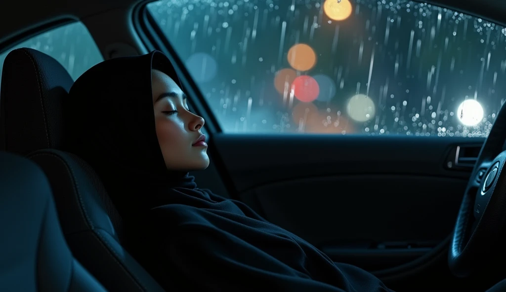 Beautiful black hijab girl sleeping in the car, midnight rain in the car glass Rain drops
