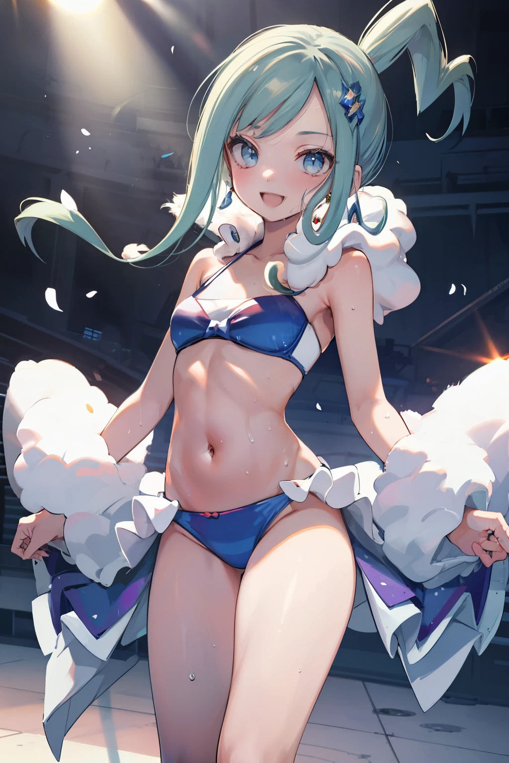 ((nsfw)), (masterpiece, Highest quality, 8K ultra-high resolution:1.4), Pokemon lisia, ****, (concert, stage, Main Character, Spotlight, Backlight, appeal, heart, With the microphone: 1.4), (((Blue Bikini, Micro Bikini Bra, Wet, Frills, White fluffy, Spread your legs))), (Top view), ((Close-up of face)), Underboob, Written boundary depth, Focus of the film, Emotional composition, Emotional engine full throttle BREAK Young and cute girl, Slender body, small Chest,nipPle,  ((The best smile)),  Open your mouth, Highly detailed glossy skin,Sweat,  topless, Exposed breasts, Wet and shiny thighs, Perfect Pokemon lisia top break
, Wind, detailed in the Wind, petals dancing in the Wind
BREAK
ultra detailed crystal eyes, Eyes like shining jewels