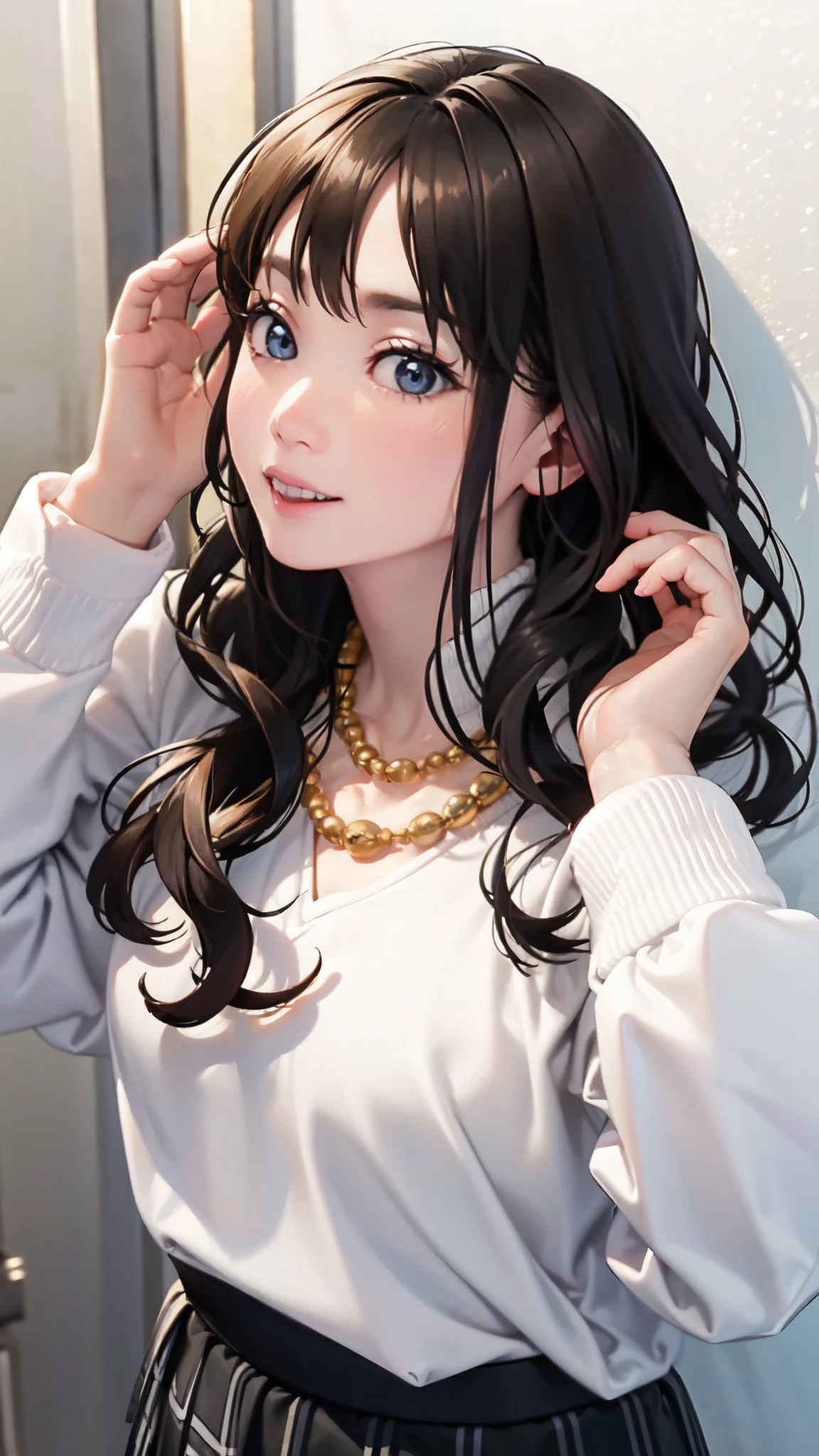 (masterpiece, best quality, beautiful and aesthetic:1.0), Elegant mature woman, bird’s eye view, missionary position, bright black hair, (small breast:1.0), ((White sweater, Long sleeve, Black skirt, plaid skirts, Fashionable, 1 diamond necklace)), fold hands behind back, open neckline, small details, detailed face, discreet key, Pure erotic face ace_V1, Condescending, embarrassed,