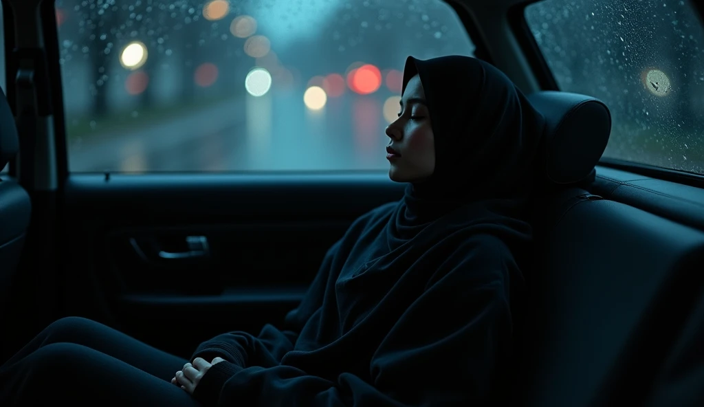 Black hijab girl sleeping in car, midnight rain in the car Heavy rain