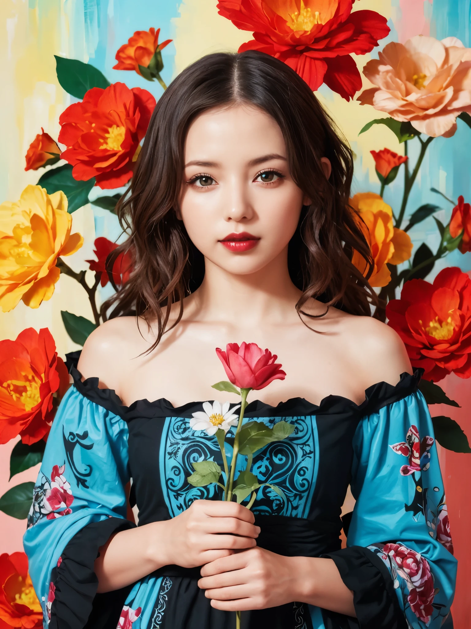 oil painting, impressionism, abstract, surrealism, girl, holding flower on her chest, ruched off-shoulder tunic dress, (cute:1.6), (breasts:1.2), long wavy hair, looking at viewer, red lipstick, satan, succubus, blue pupils, gothic, dark fantasy, dramatic, vibrant, feminine, elegant,