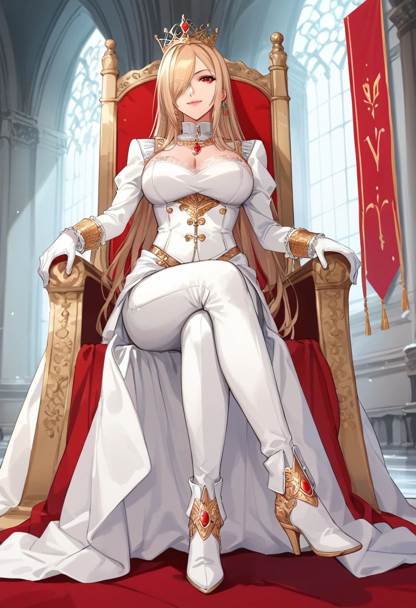 Score_9, Score_8_up, Score_7_up, source_anime, 1mature_female, full body, sitting on a large throne of gold and red, crossed legs, flirtatious look, blonde hair, hair over one eye, silver crown and red jewels, long hair, bright scarlet eyes , thin, pink lips, smile, erotic posture, long white dress and gold lace, long sleeves, white gloves, white pants and gold lace, shiny white pointed toe boots, knee high boots, background room of a marble palace, large coloured windows, red and gold banners, symbols of the sun, erotic anatomy, perfect bodies, perfect anatomy, perfect arms, perfect fingers, perfect posture, transparent, shading.