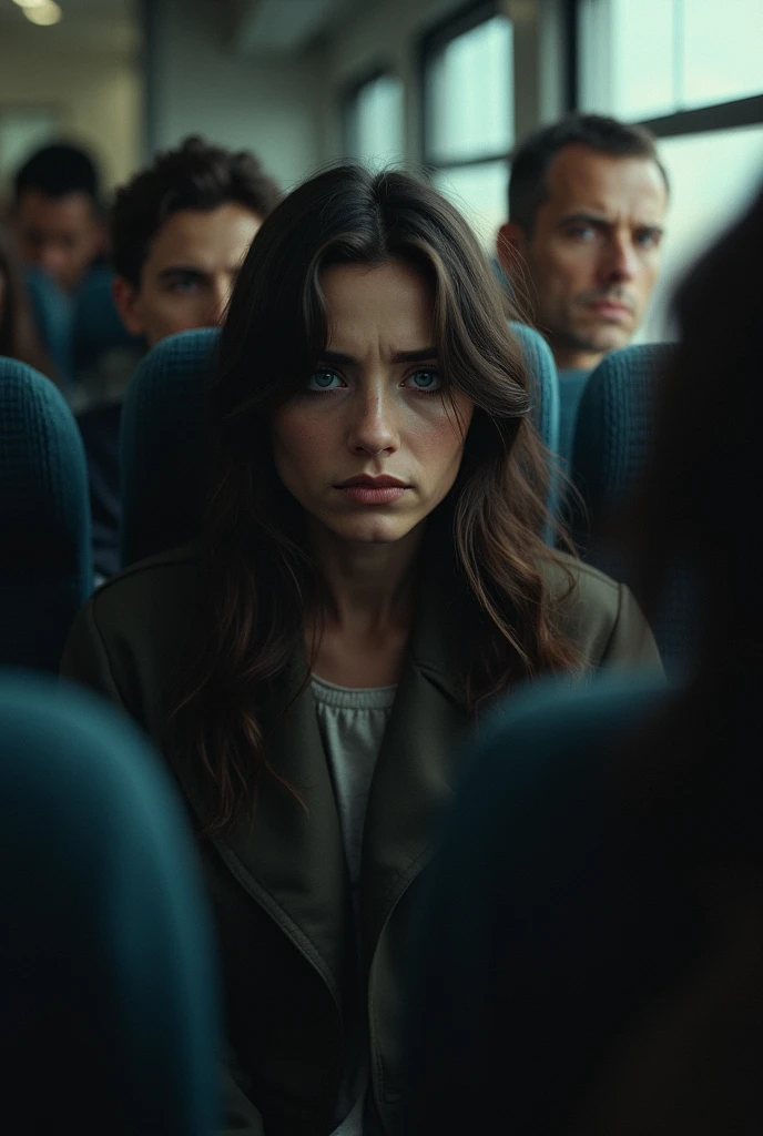  Inside the train, the search continues. 
inside the train, The protagonist settles into his seat, but his eyes anxiously scan the car. The atmosphere is calmer, but his gaze remains lost, looking for the woman among the passing passengers. This image captures the frustration of not finding it in a closed and limited space..
(It has to be a real human )