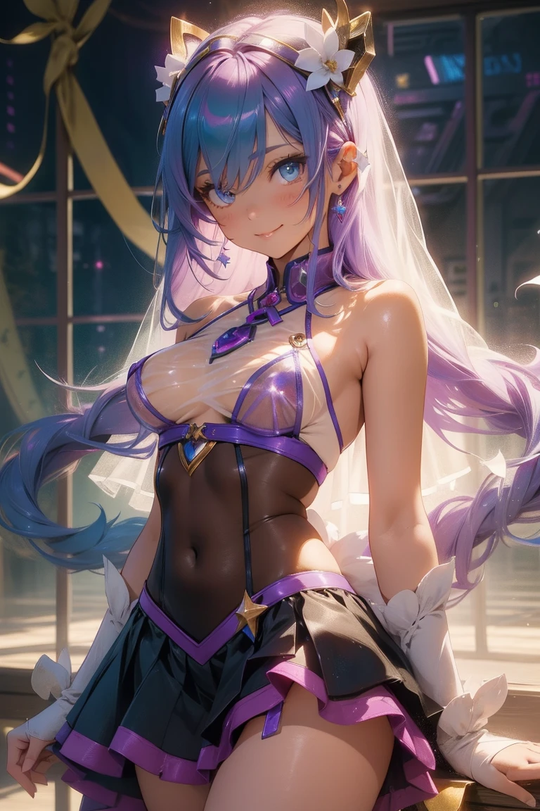 high resolution, masterpiece, best quality, perfect anatomy, full body, looking at viewer, , ((naughty face)), (flat chest), see through, (sweat), arms behind back, Japanese girl, pale skin, show off nipple, 1girl, (pole dancing:1.2), ((squatting)), open legs, arms behind head, stage, (light green metallic bellydancer), cameltoe, toddler body, baby face, from below, twin talis, realistic, beautiful face, clear eyes, purple hair, detached sleeves, thighhighs, (awaiting tongue), trembling, church,